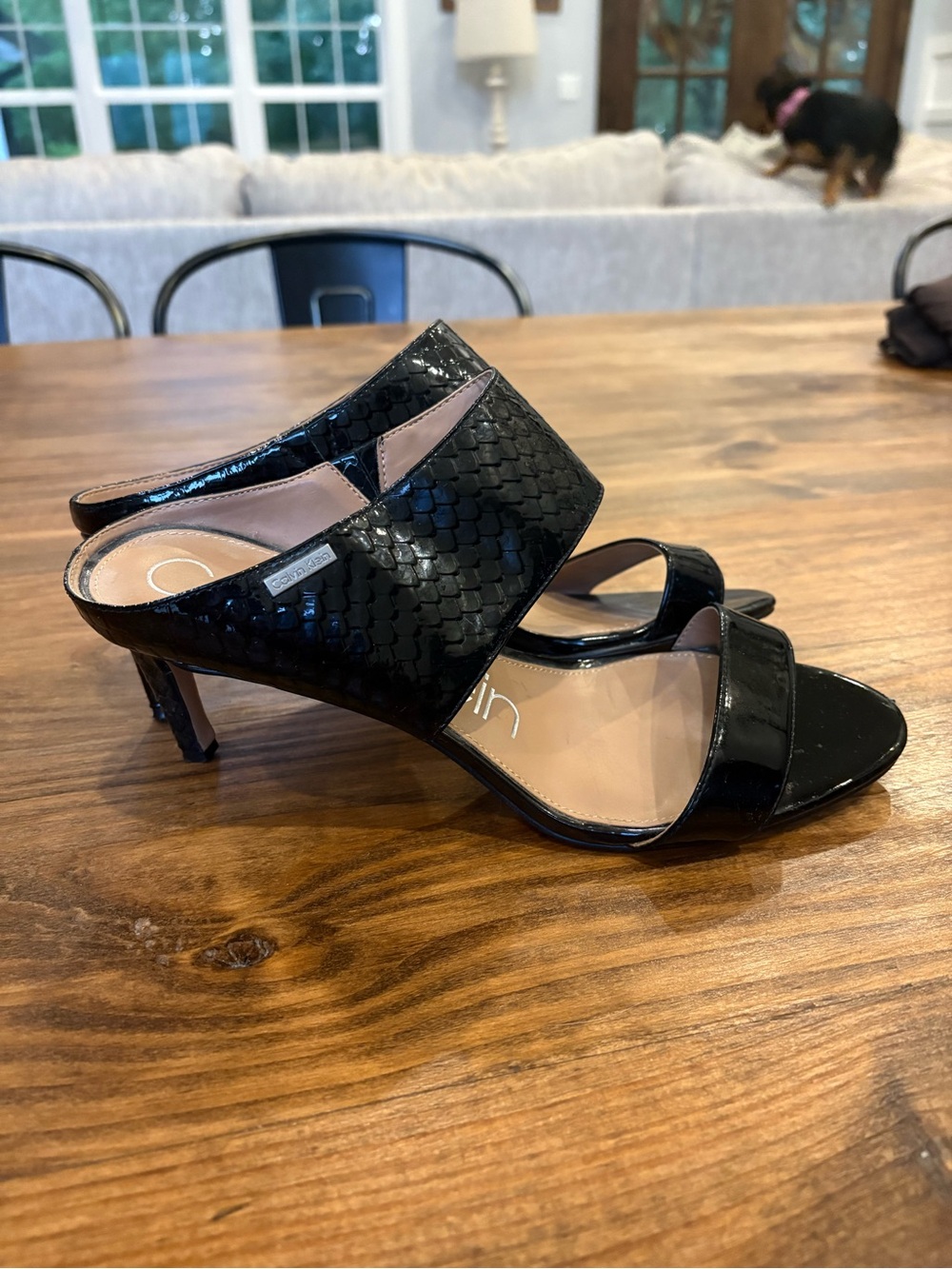 Calvin Klein Black Patent Open-Toe Mule Heels